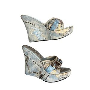 Vintage el dantes 90s denim wedge heel sandals distressed studded mesh bling 36